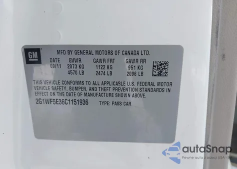 2012 Chevrolet Impala Ls из США, поврежденный, VIN 2G1WF5E36C1151936